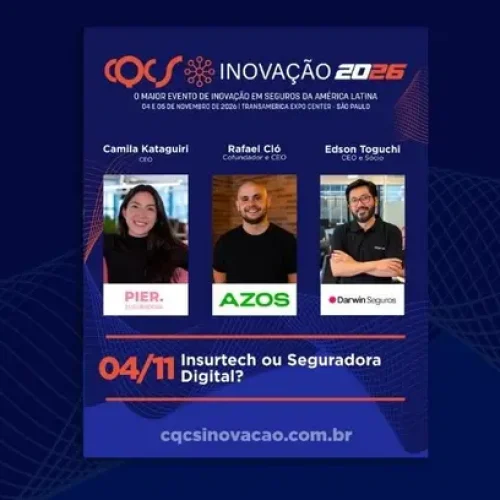 CQCS Inovação 2026: Camila Kataguiri, CEO da Pier, Edson Toguchi, CEO e sócio da Darwin Seguros, e Rafael Cló, Cofundador e CEO da Azos, discutem os novos modelos de negócios do seguro no painel “Insurtech ou Seguradora Digital?” Notícias,CQCS Inovação,Pier,azos