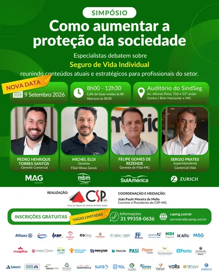 CSP-MG promove simpósio sobre Seguro de Vida Individual para debater estratégias de proteção à sociedade Vida, Previdência e AP,4º Simpósio “Como aumentar a proteção da sociedade”,Clube de Seguros de Pessoas de Minas Gerais,Corretor de saúde,CSP-MG,Felipe Gomes de Rezende,João Paulo Moreira de Mello,Mag Seguros,MBM Seguradora,Mercado de Seguros,Michel Eloi,Minas Gerais,Pedro Henrique Torres Santos,seguro,Seguro de vida,Seguros,Sérgio Prates,Setor de Seguros,SulAmérica,Zurich